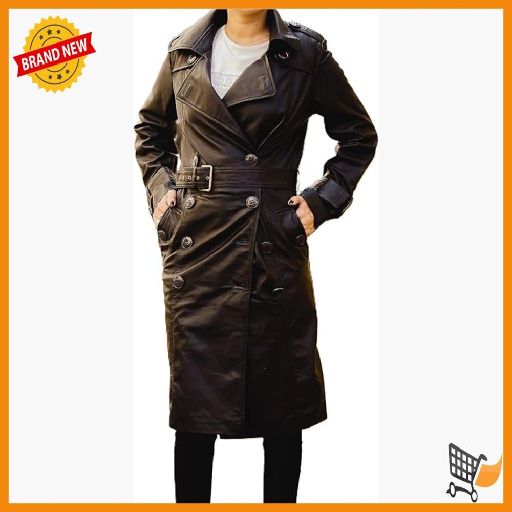 Premium Leather Trench Coat with Belt, Double Breasted, Notched Lapel